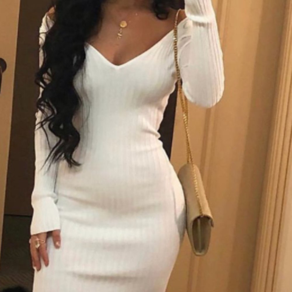 White ribbed Knit Long Sleeve Dress CREAM